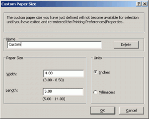 Custom Page Size in Print Dialog Box