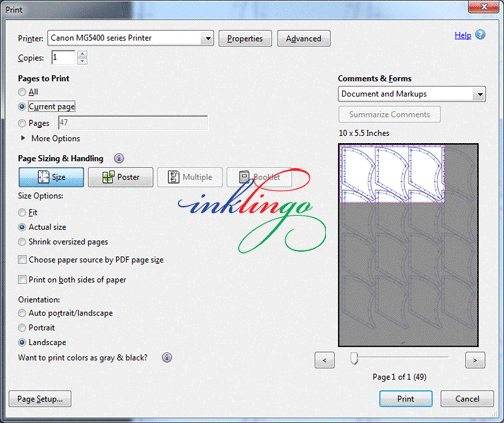 Inklingo Custom Size in Print Dialog Box