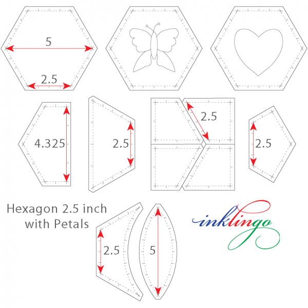 Hexagon 2.5 inch with Petals quilt templates