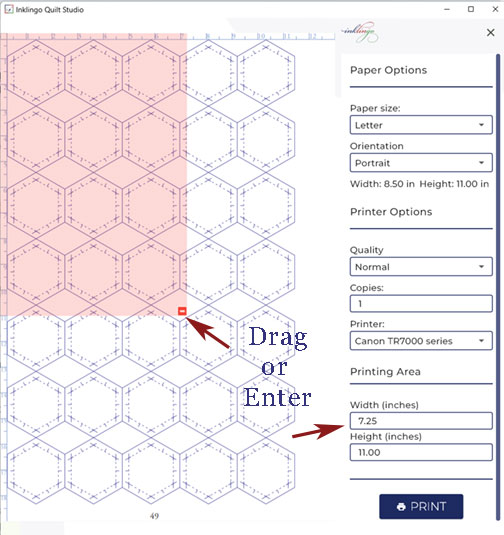 Print area for custom page size in Inklingo Quilt Studio