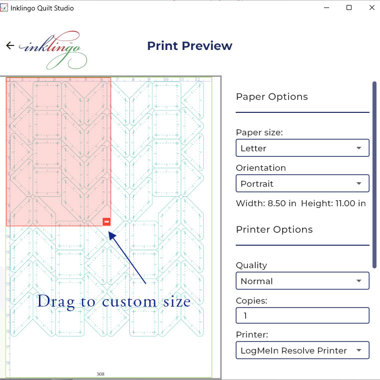 Inklingo Quilt Studio Print Dialog Box