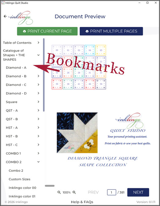 Bookmarks in the Inklingo Quilt Studio